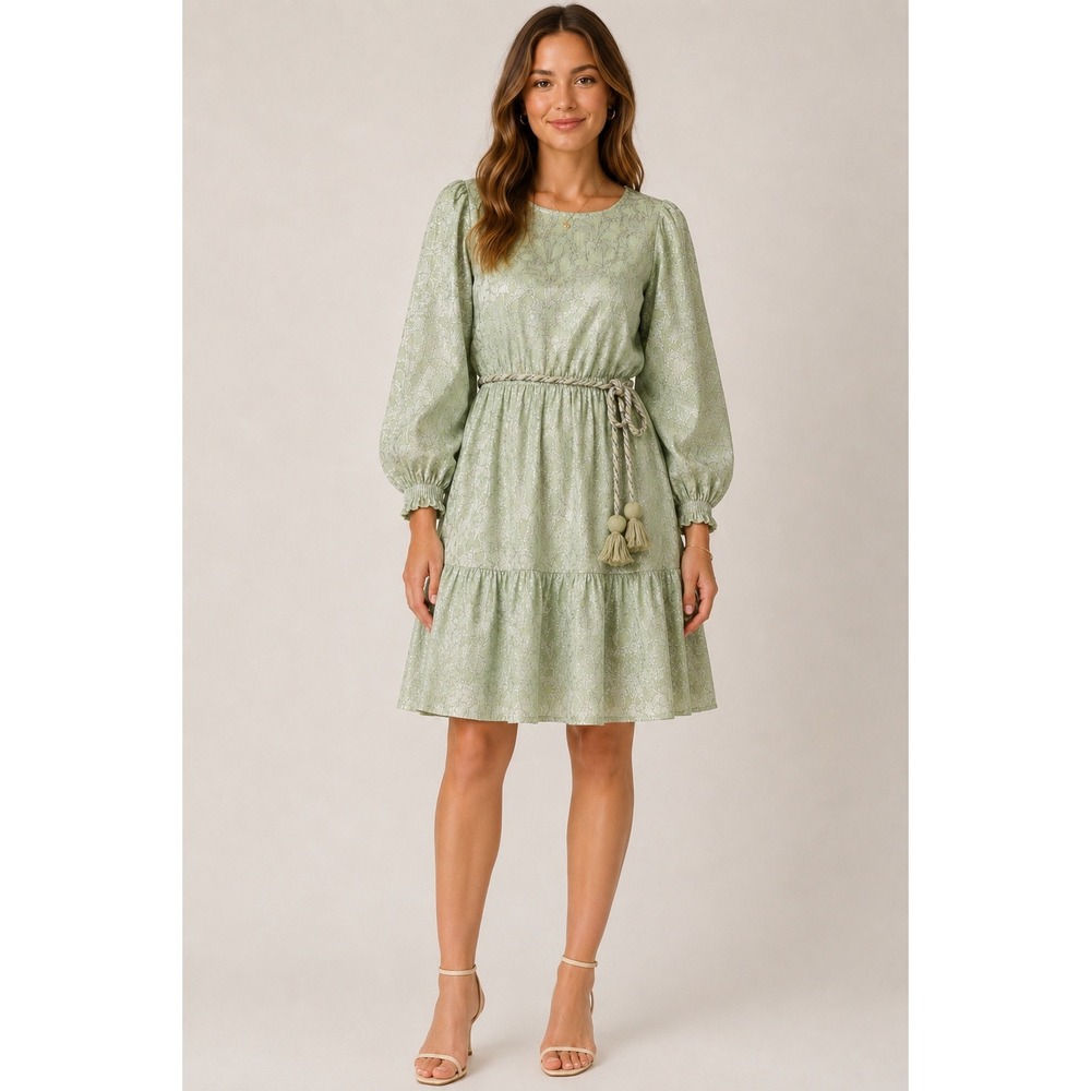 Roller Rabbit XL 100% Cotton Metallic Jacquard Mini Dress Sage Green Tassel Belt